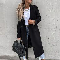 Long Women&#39;s Wool Blend Coat With Button Placket And Side Pockets