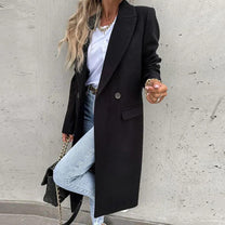 Long Women&#39;s Wool Blend Coat With Button Placket And Side Pockets