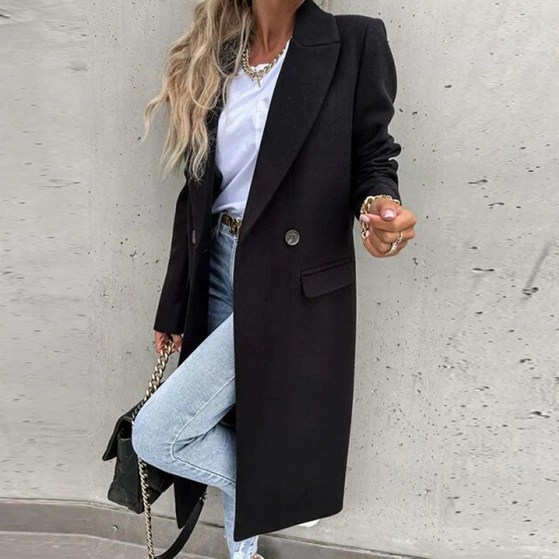Long Women&#39;s Wool Blend Coat With Button Placket And Side Pockets