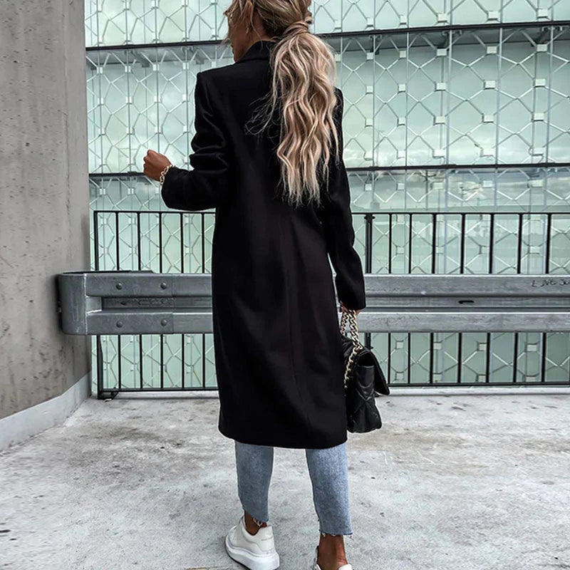 Long Women&#39;s Wool Blend Coat With Button Placket And Side Pockets