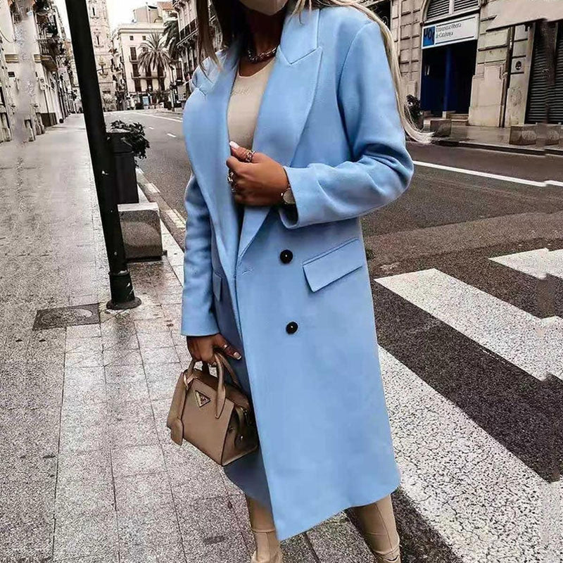 Long Women&#39;s Wool Blend Coat With Button Placket And Side Pockets