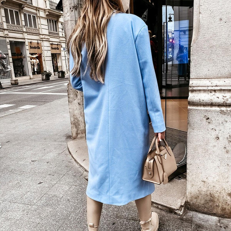 Long Women&#39;s Wool Blend Coat With Button Placket And Side Pockets