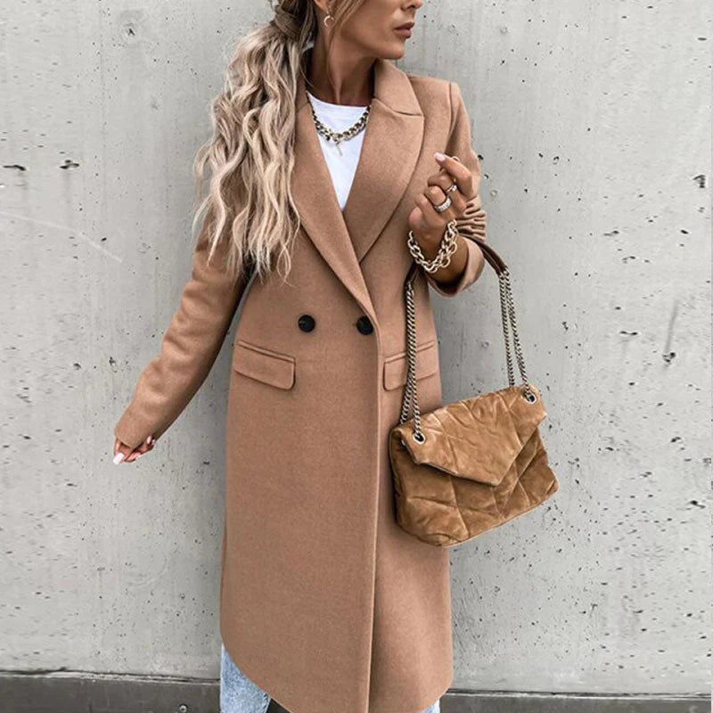 Long Women&#39;s Wool Blend Coat With Button Placket And Side Pockets