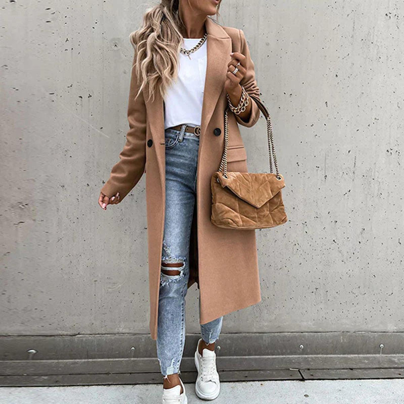 Long Women&#39;s Wool Blend Coat With Button Placket And Side Pockets