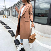 Long Women&#39;s Wool Blend Coat With Button Placket And Side Pockets