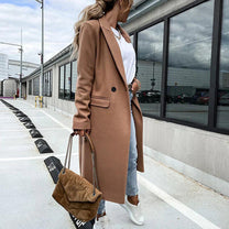 Long Women&#39;s Wool Blend Coat With Button Placket And Side Pockets