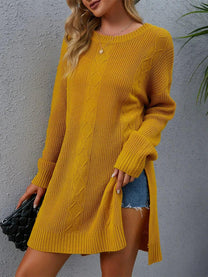 Loose Fit Cable Knit Pullover Sweater With Side Slits