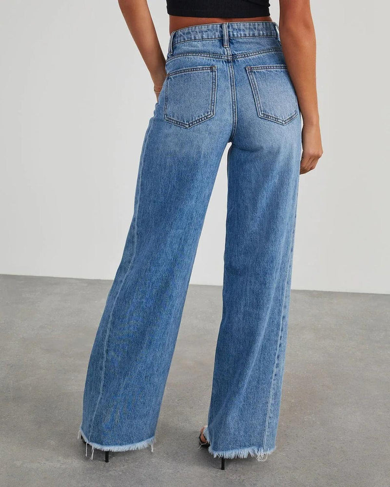 Loose Fit Wide Leg Jeans With Frayed Hem