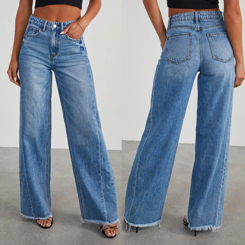 Loose Fit Wide Leg Jeans With Frayed Hem