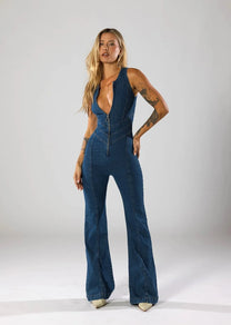 Love Locked Heart-Shaped Denim Jumpsuit