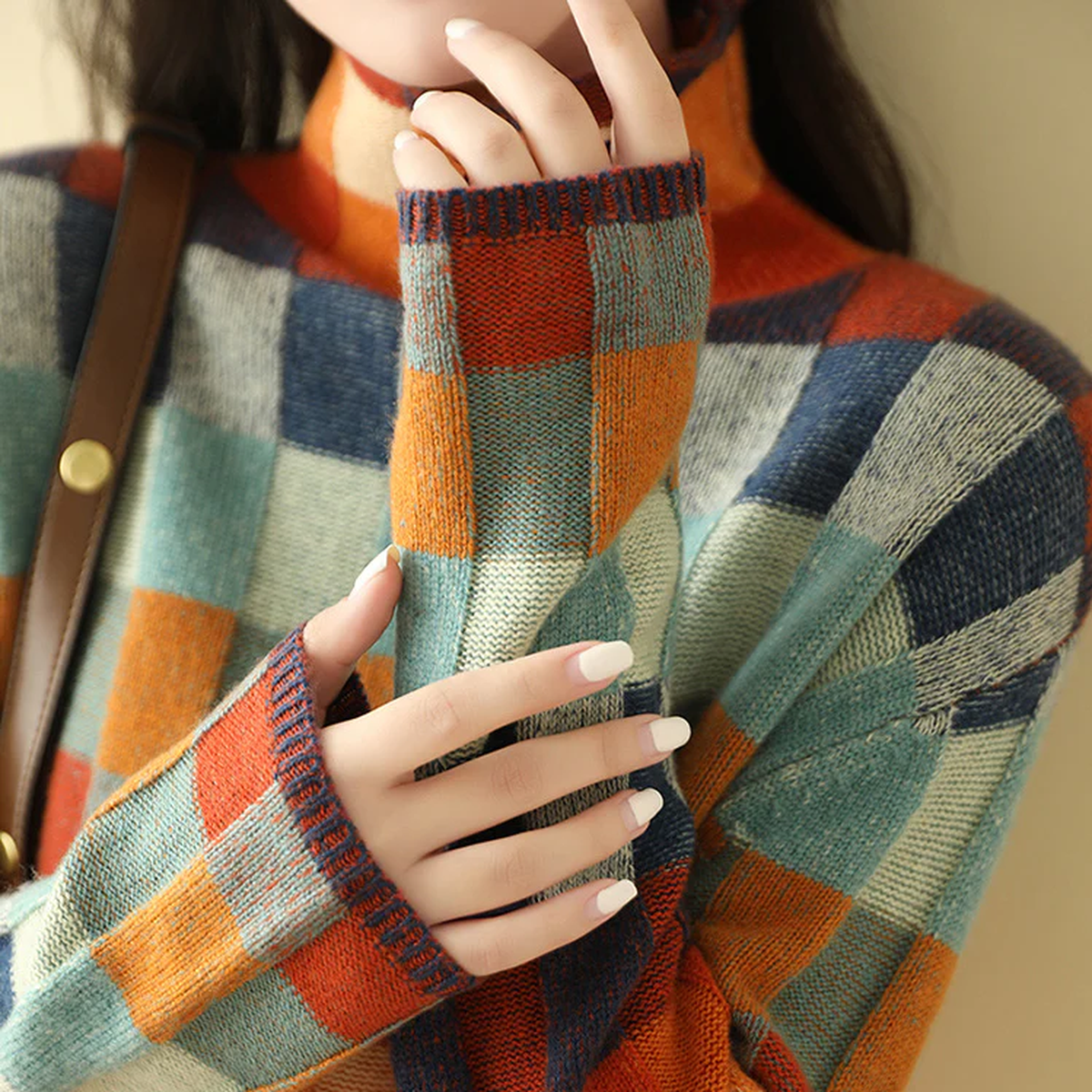 Luxurious Cashmere Turtleneck Sweater With Patchwork Design