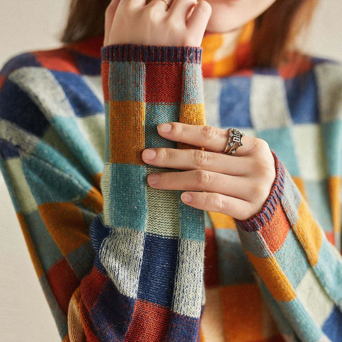 Luxurious Cashmere Turtleneck Sweater With Patchwork Design