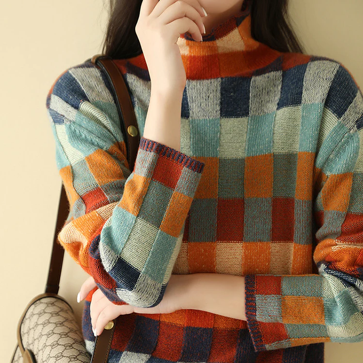 Luxurious Cashmere Turtleneck Sweater With Patchwork Design