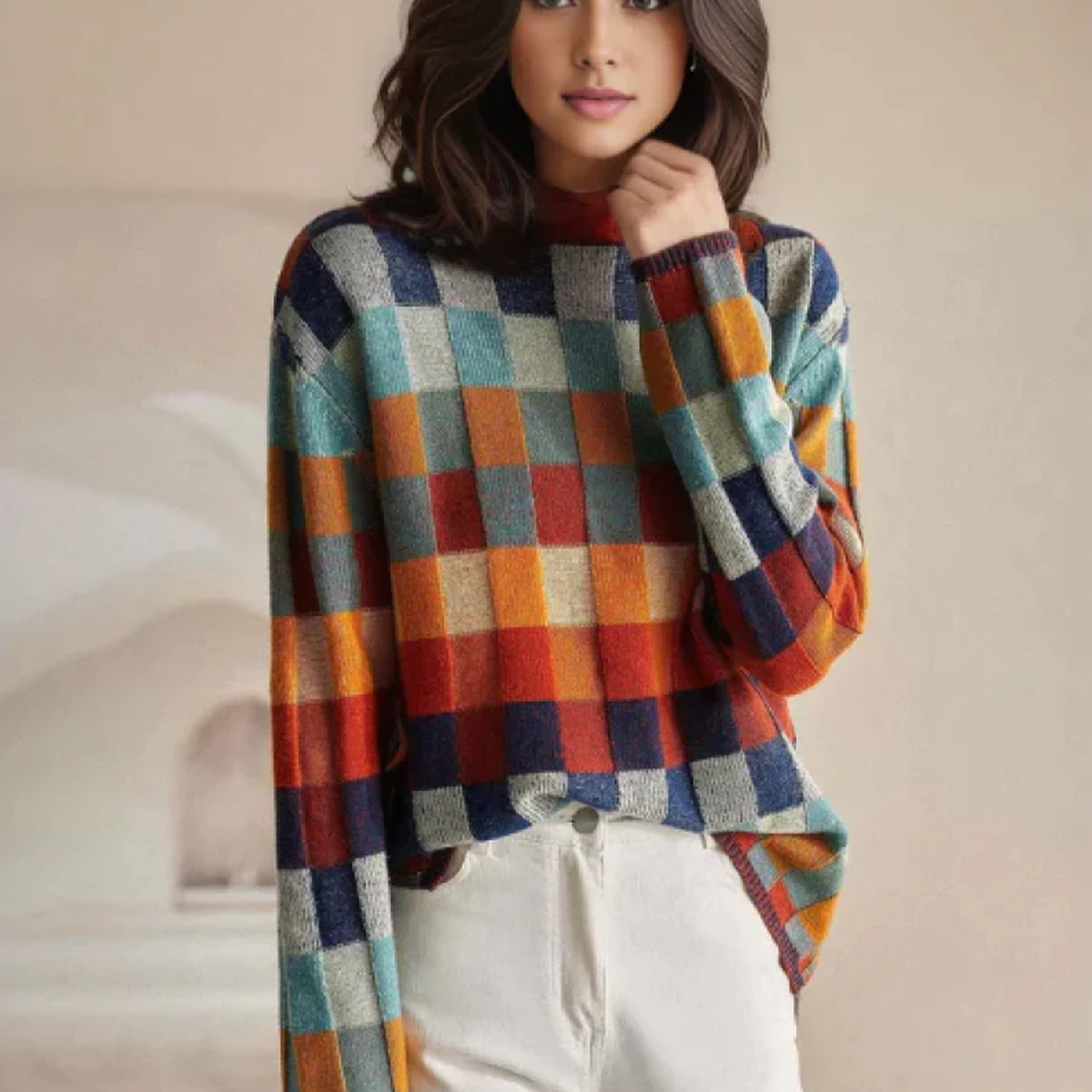 Luxurious Cashmere Turtleneck Sweater With Patchwork Design