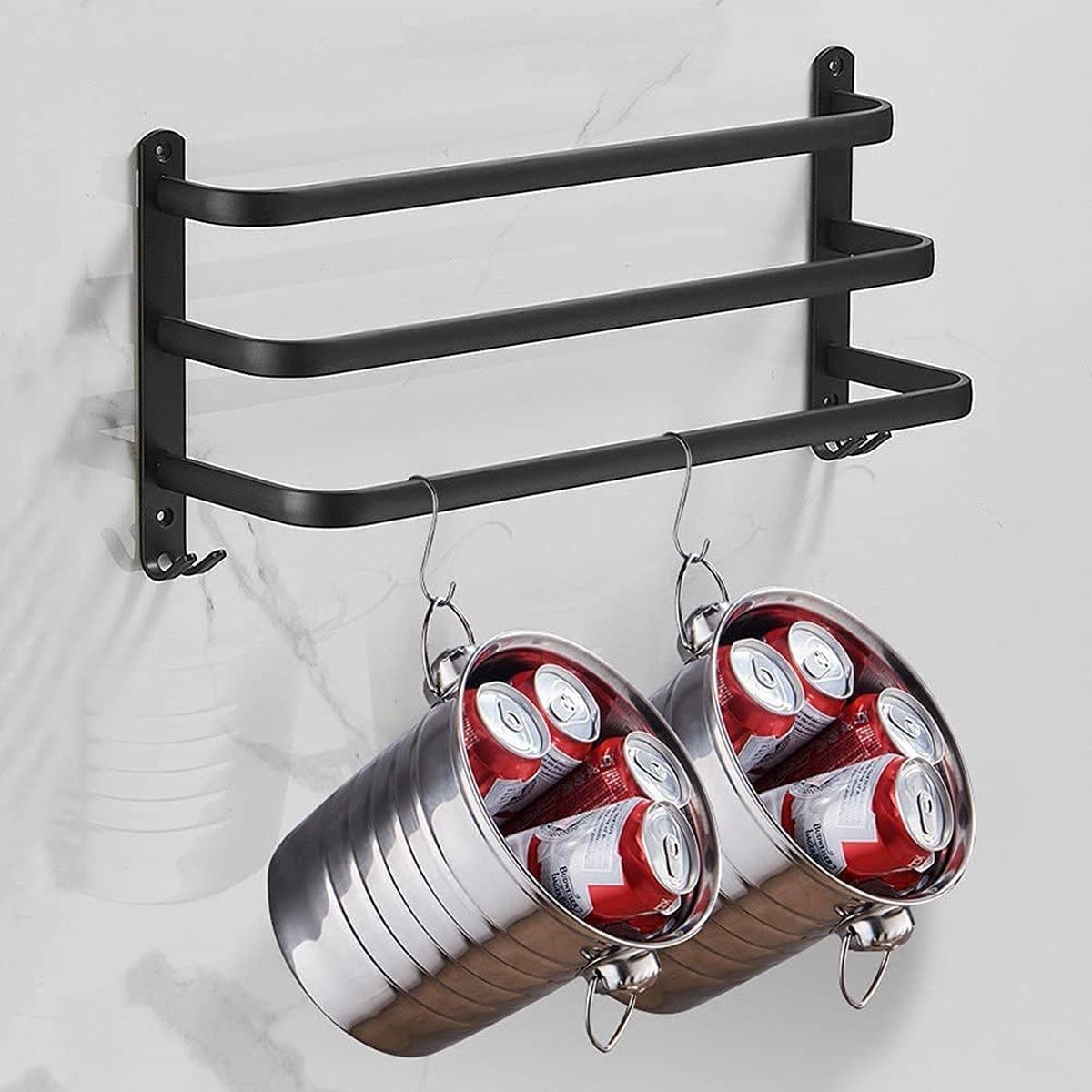 Matte Black Towel Holder With Hooks And Adjustable Bars