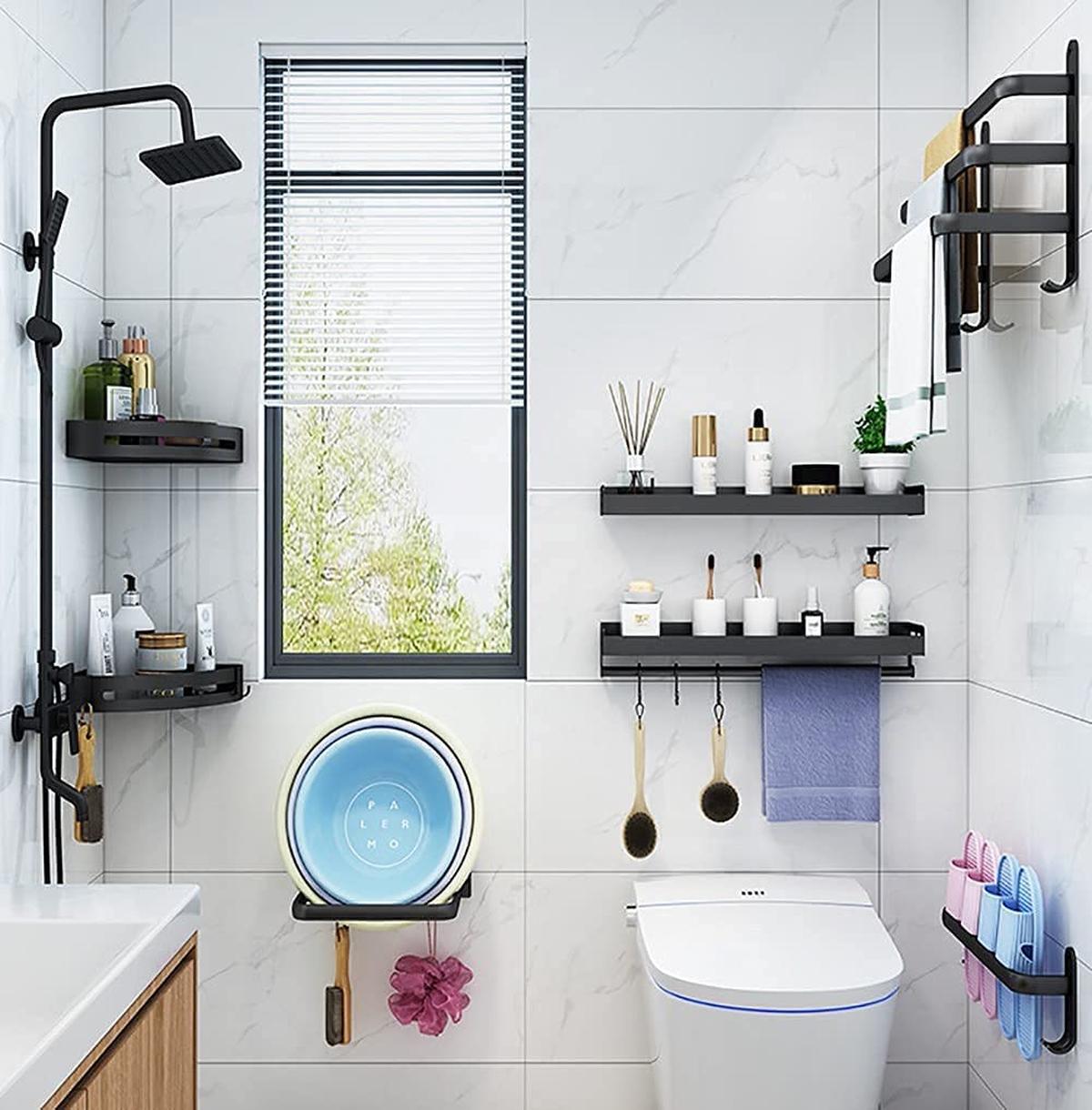 Matte Black Towel Holder With Hooks And Adjustable Bars