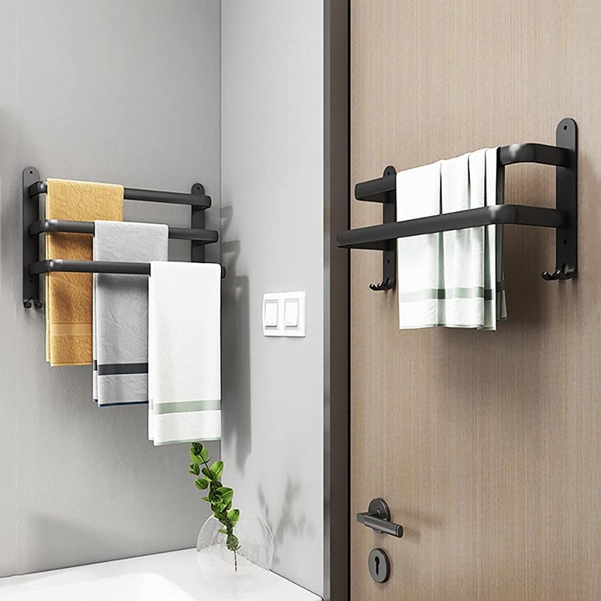 Matte Black Towel Holder With Hooks And Adjustable Bars
