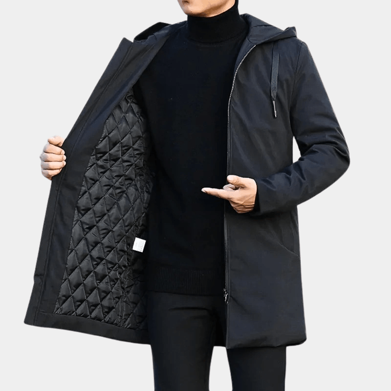 Men&#39;s Black Hooded Winter Coat With Front Pocket