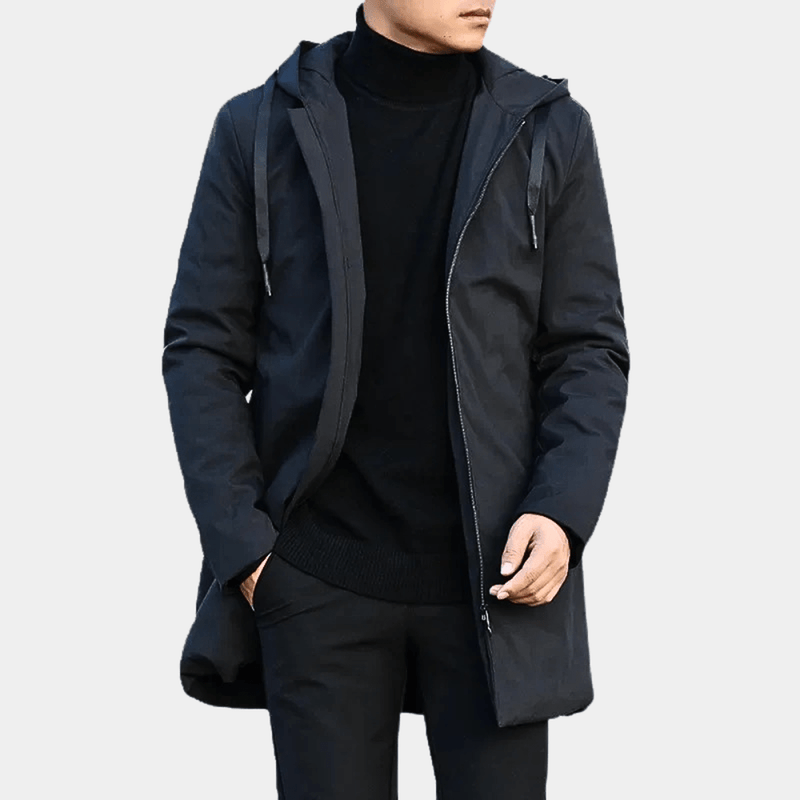 Men&#39;s Black Hooded Winter Coat With Front Pocket