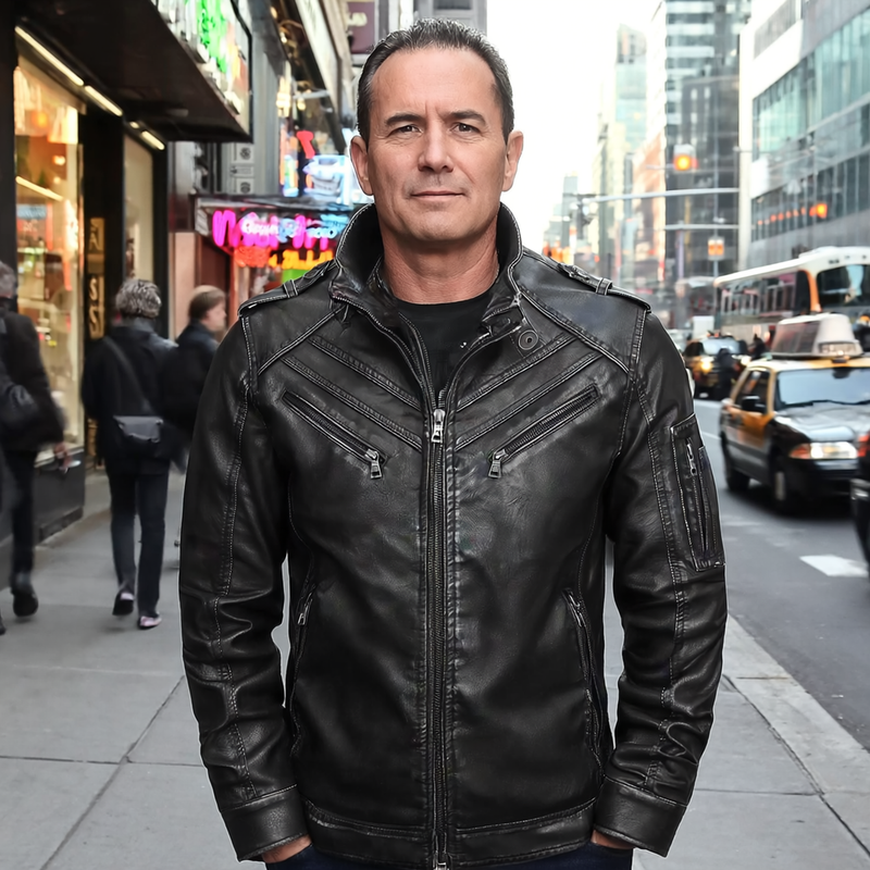 Men&#39;s Black Leather Jacket With Removable Hood