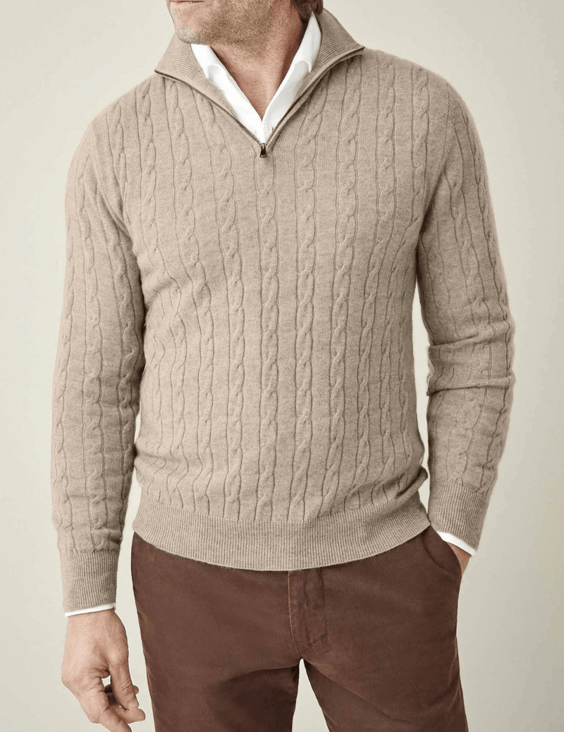 Men&#39;s Cable Knit Half-Zip Wool Blend Sweater