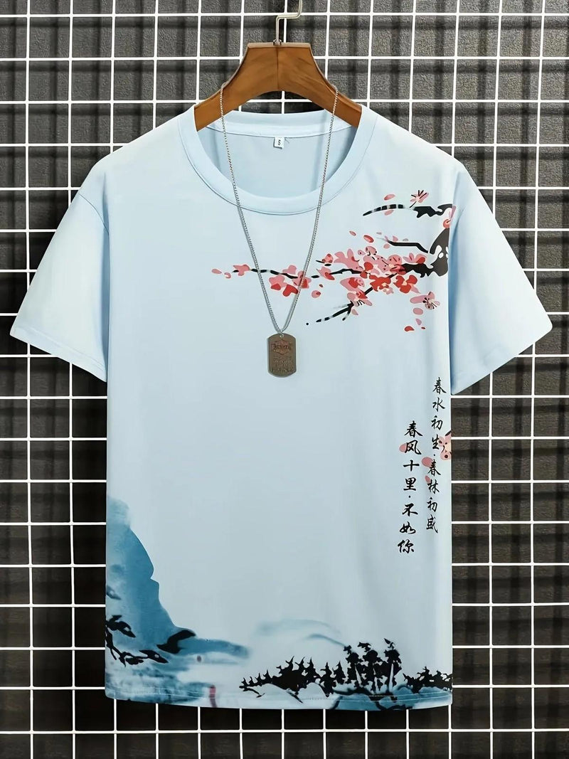 Men&#39;s Casual T-Shirt With Artistic Blossom Design