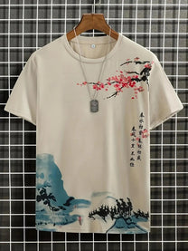 Men&#39;s Casual T-Shirt With Artistic Blossom Design