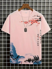 Men&#39;s Casual T-Shirt With Artistic Blossom Design