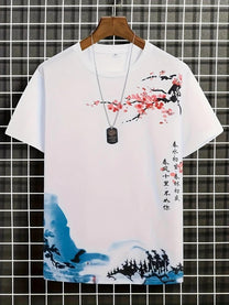 Men&#39;s Casual T-Shirt With Artistic Blossom Design