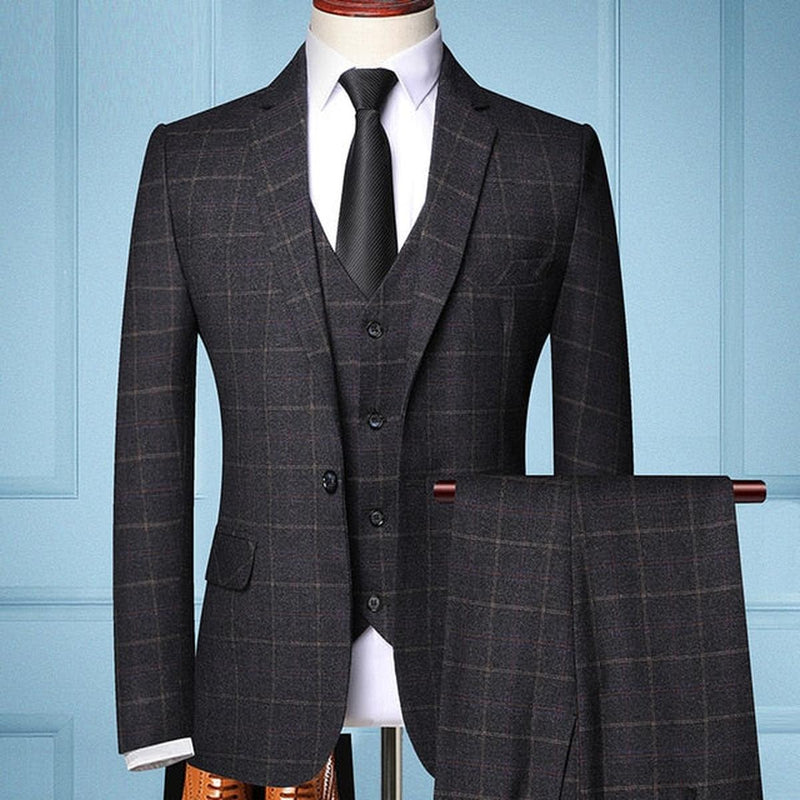 Men&#39;s Classic Check 3-Piece Suit With Trousers Vest Blazer