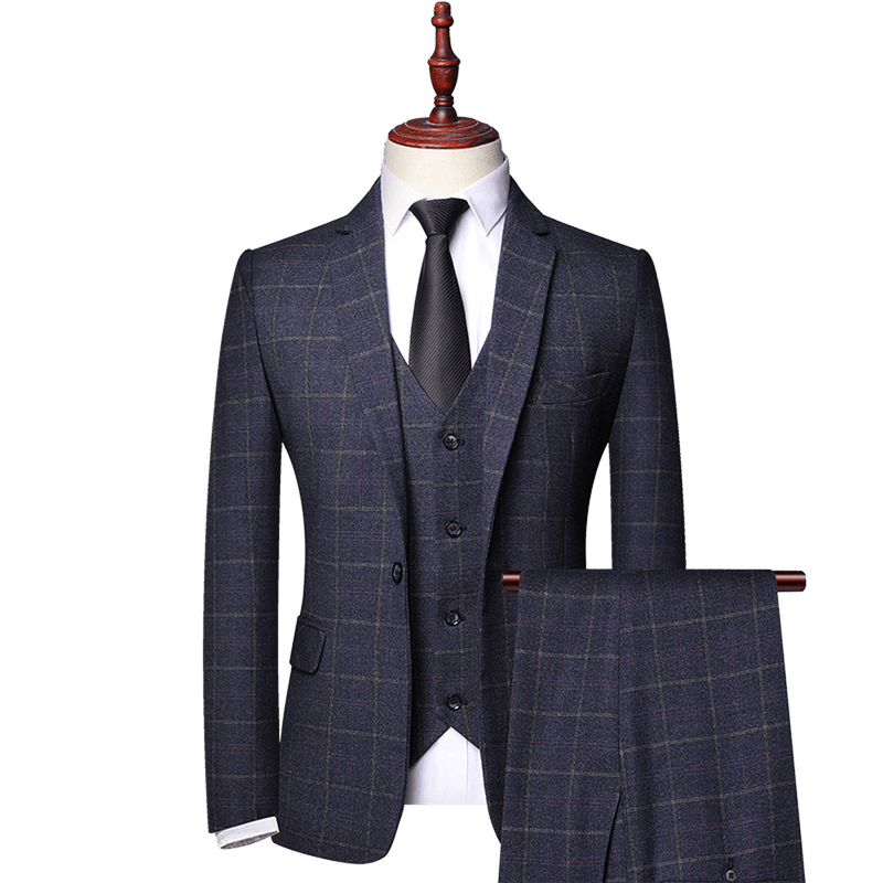 Men&#39;s Classic Check 3-Piece Suit With Trousers Vest Blazer