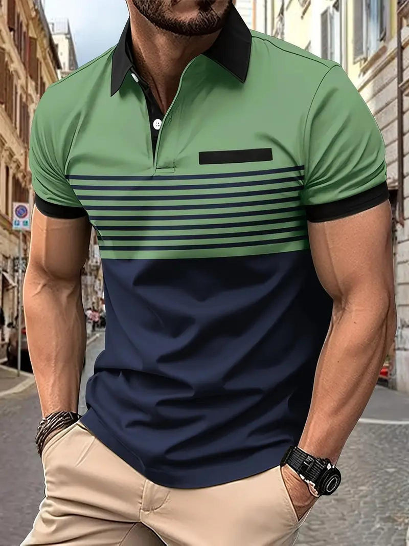 Men&#39;s Cotton Blend Striped Polo Shirt With Sporty Collar