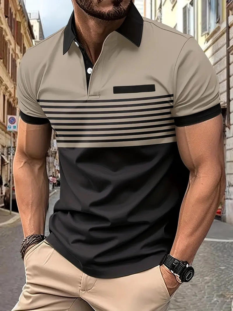 Men&#39;s Cotton Blend Striped Polo Shirt With Sporty Collar