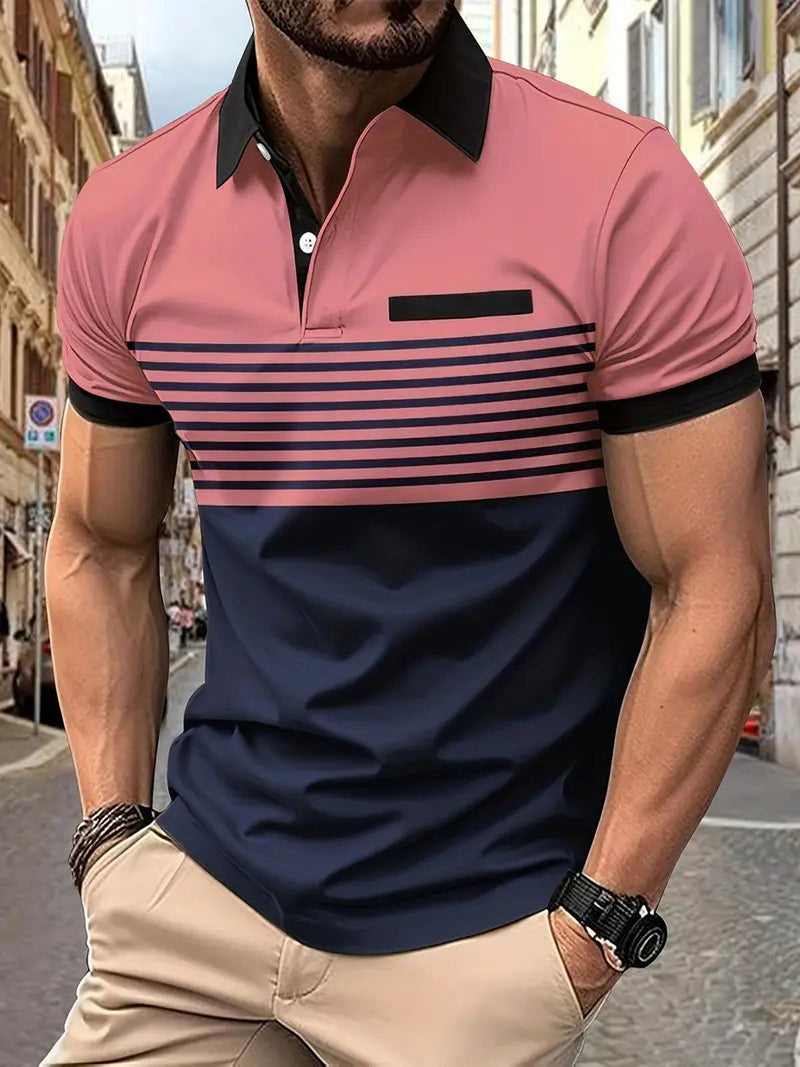 Men&#39;s Cotton Blend Striped Polo Shirt With Sporty Collar