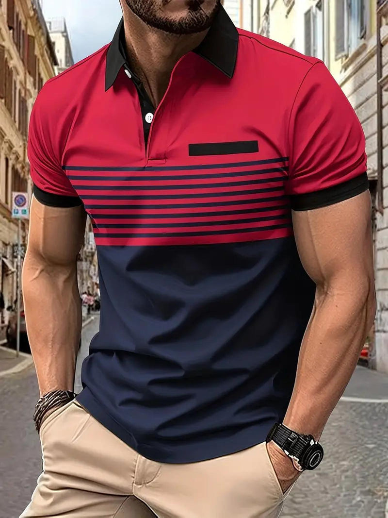 Men&#39;s Cotton Blend Striped Polo Shirt With Sporty Collar