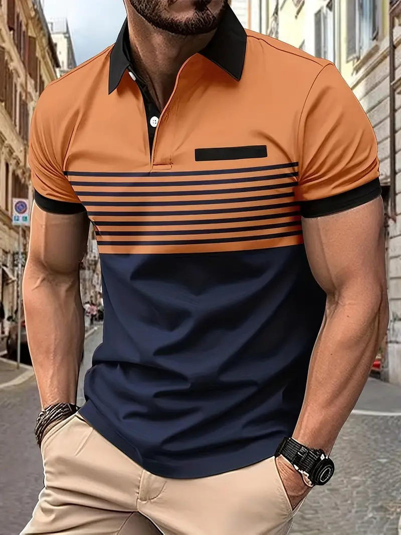 Men&#39;s Cotton Blend Striped Polo Shirt With Sporty Collar
