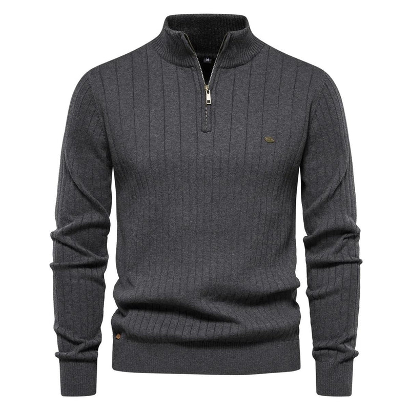 Men&#39;s Cotton Knitted Sweater With Zip And Stand-Up Collar
