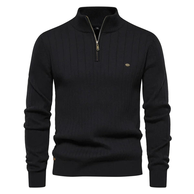 Men&#39;s Cotton Knitted Sweater With Zip And Stand-Up Collar