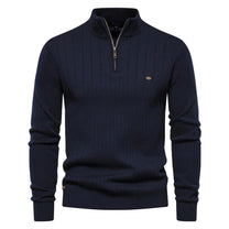 Men&#39;s Cotton Knitted Sweater With Zip And Stand-Up Collar