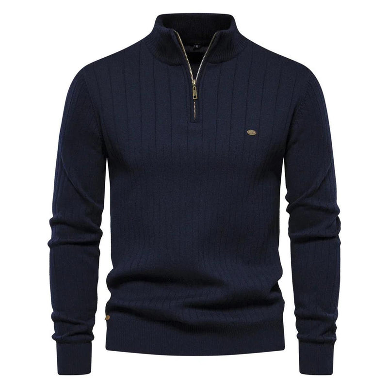 Men&#39;s Cotton Knitted Sweater With Zip And Stand-Up Collar