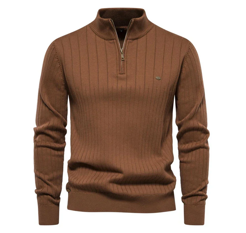 Men&#39;s Cotton Knitted Sweater With Zip And Stand-Up Collar