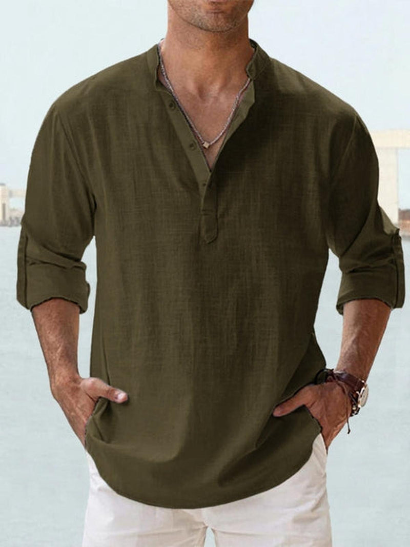 Men&#39;s Cotton Linen Long-Sleeve Henley Shirt