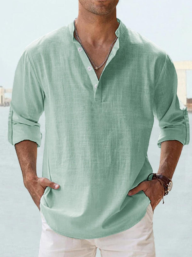 Men&#39;s Cotton Linen Long-Sleeve Henley Shirt