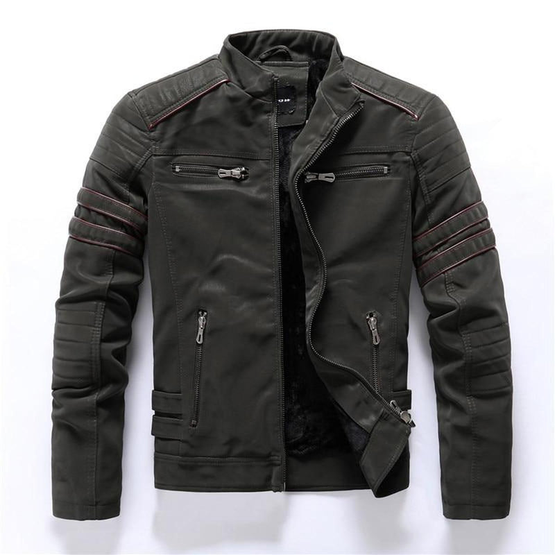 Men&#39;s Faux Leather Biker Jacket With Stand Collar And Zipper Pockets