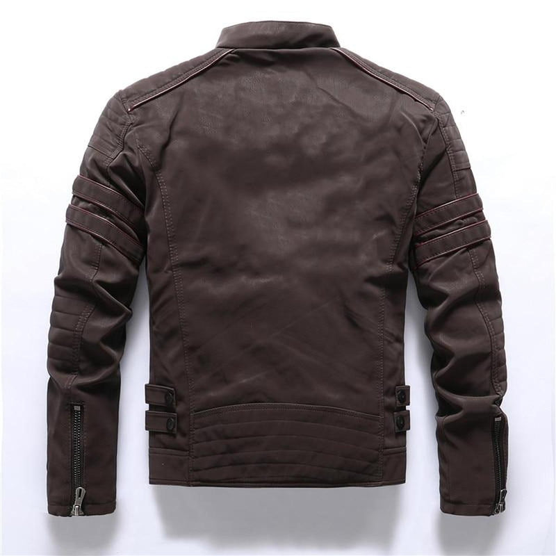 Men&#39;s Faux Leather Biker Jacket With Stand Collar And Zipper Pockets