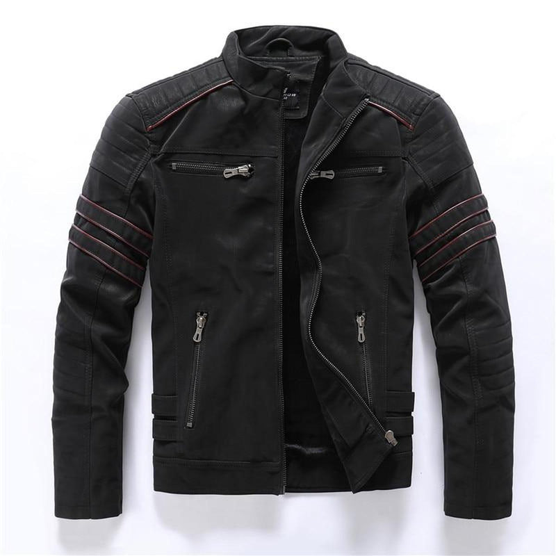 Men&#39;s Faux Leather Biker Jacket With Stand Collar And Zipper Pockets