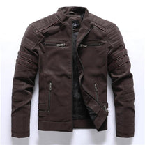 Men&#39;s Faux Leather Biker Jacket With Stand Collar And Zipper Pockets