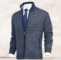 Men&#39;s Full Zip Knit Sweater With Ribbed Cuffs And Hem