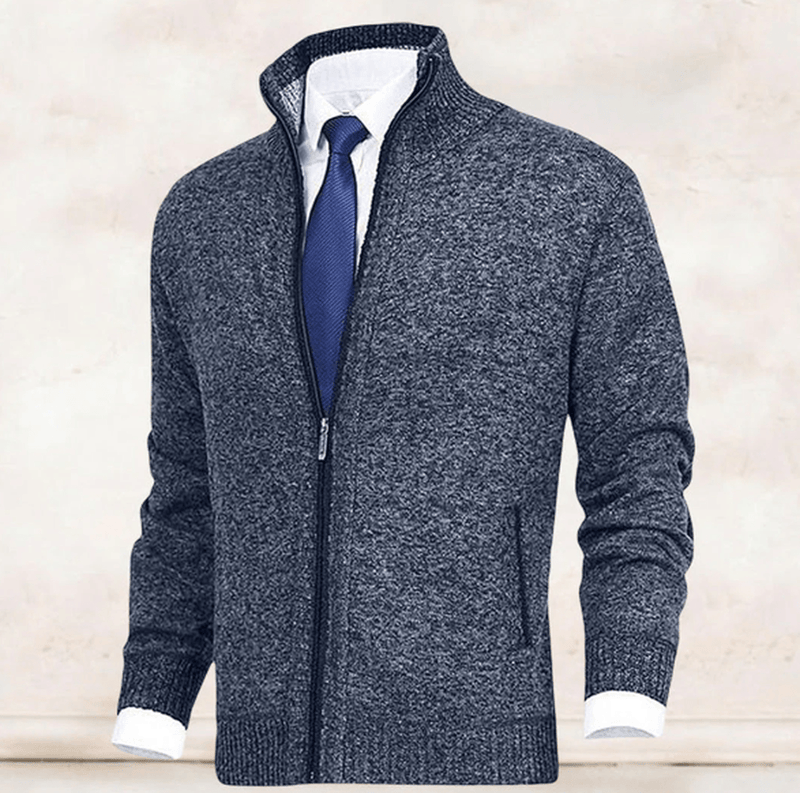 Men&#39;s Full Zip Knit Sweater With Ribbed Cuffs And Hem