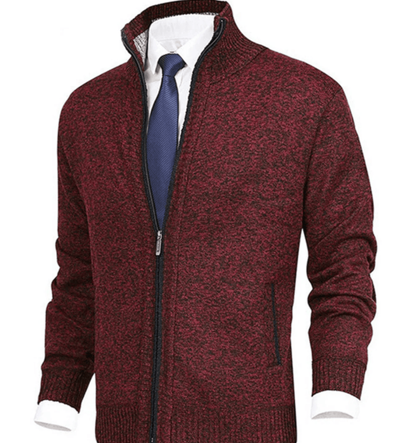 Men&#39;s Full Zip Knit Sweater With Ribbed Cuffs And Hem